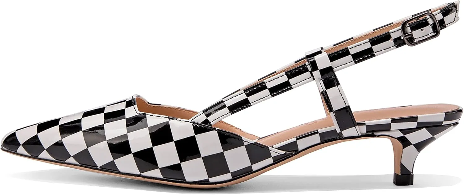 Women's Slingback Patent Leather Pointed Toe Strap Kitten Low Heel Pumps Shoes 1.5 Inch