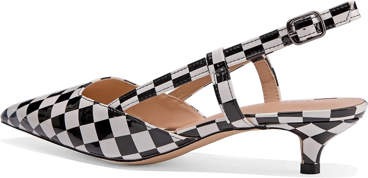 Women's Slingback Patent Leather Pointed Toe Strap Kitten Low Heel Pumps Shoes 1.5 Inch