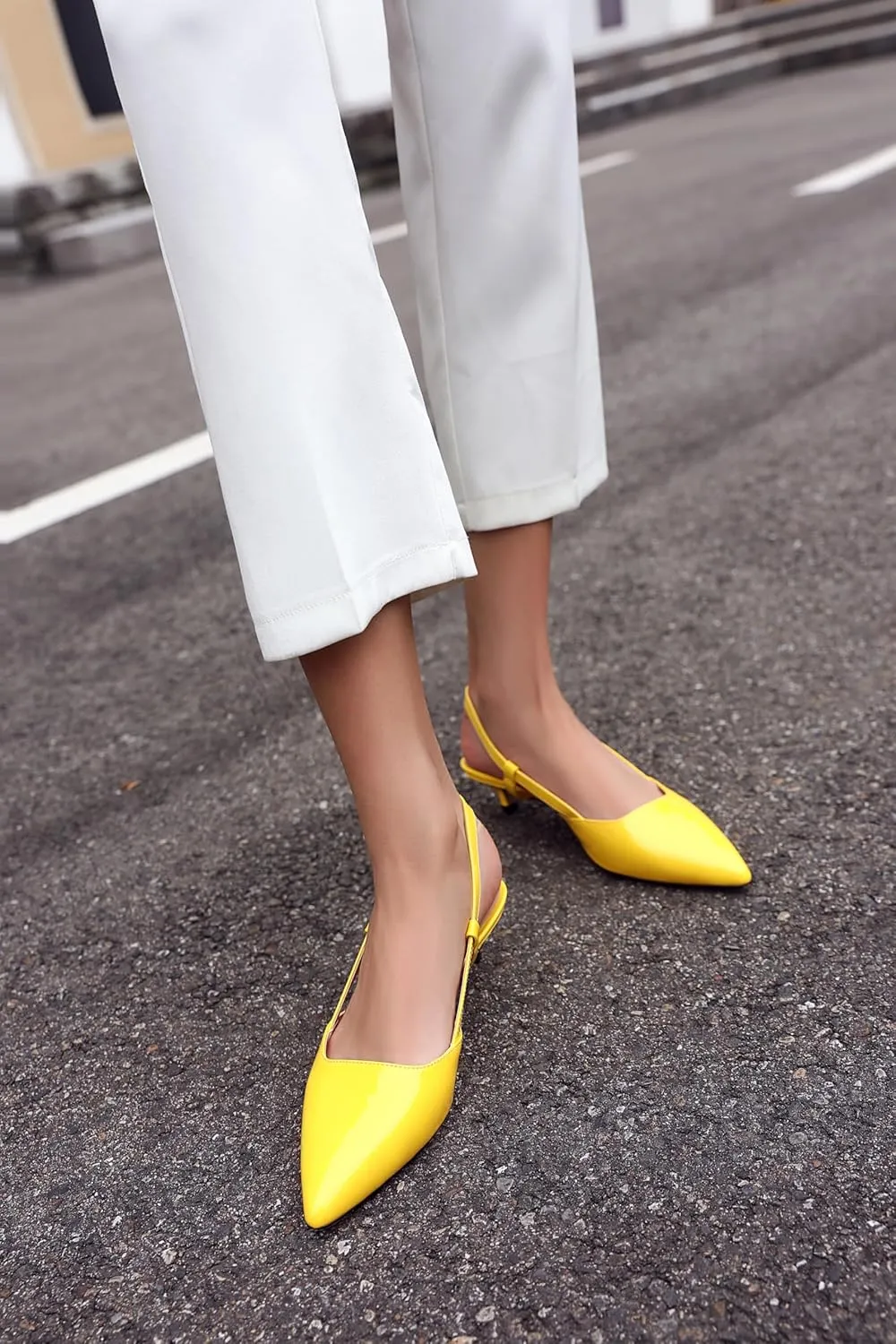 Women's Slingback Patent Leather Pointed Toe Strap Kitten Low Heel Pumps Shoes 1.5 Inch