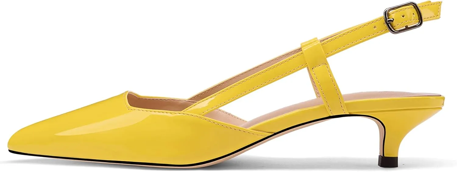 Women's Slingback Patent Leather Pointed Toe Strap Kitten Low Heel Pumps Shoes 1.5 Inch