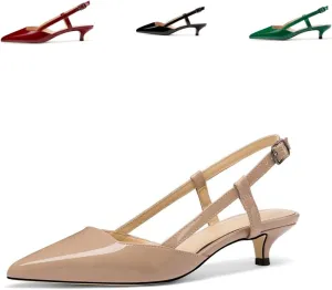 Women's Slingback Patent Leather Pointed Toe Strap Kitten Low Heel Pumps Shoes 1.5 Inch