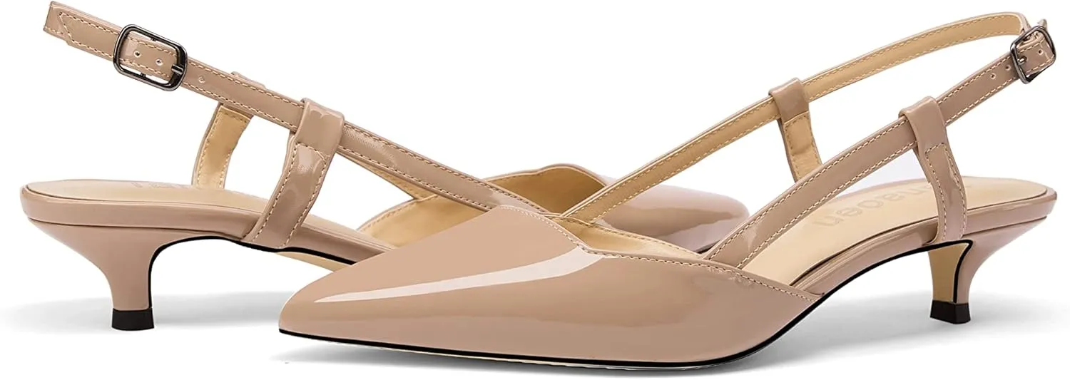 Women's Slingback Patent Leather Pointed Toe Strap Kitten Low Heel Pumps Shoes 1.5 Inch
