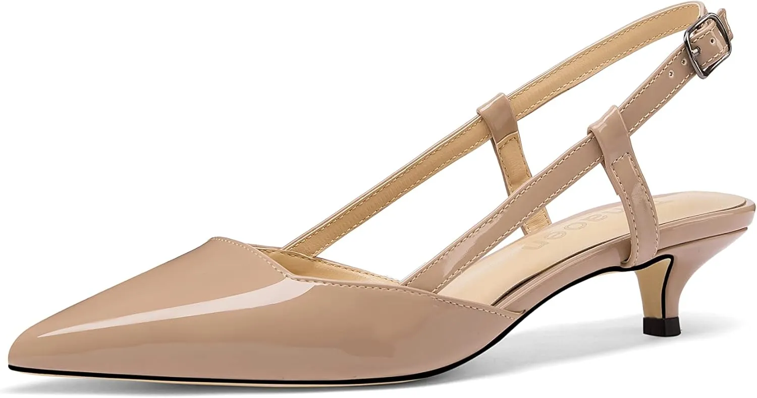 Women's Slingback Patent Leather Pointed Toe Strap Kitten Low Heel Pumps Shoes 1.5 Inch