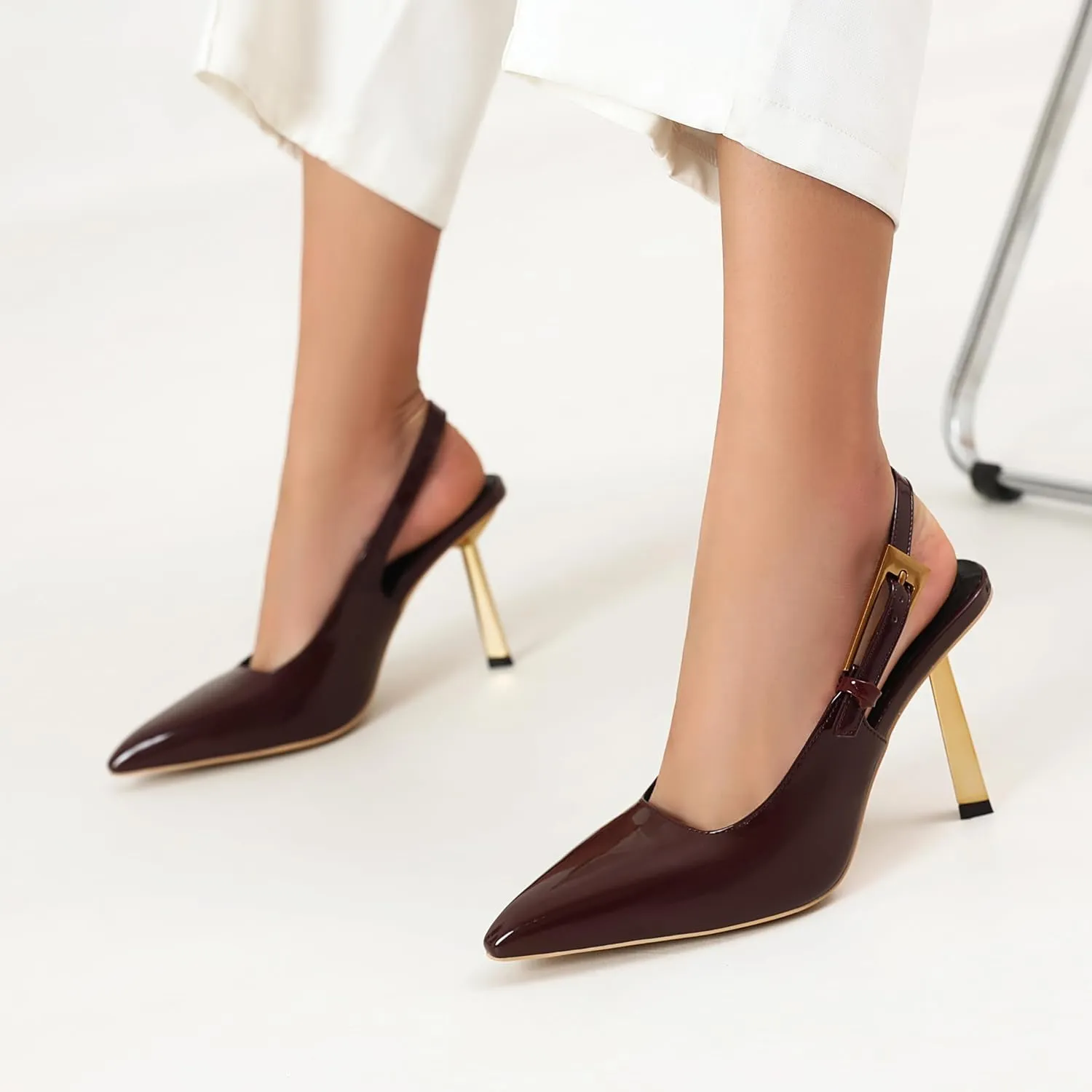 Women's Slingback Stiletto High Heels Square Toe with Metal Buckle Strap Slip On Pumps Backless Patent Leather Fashion Dress Shoes Wedding Party