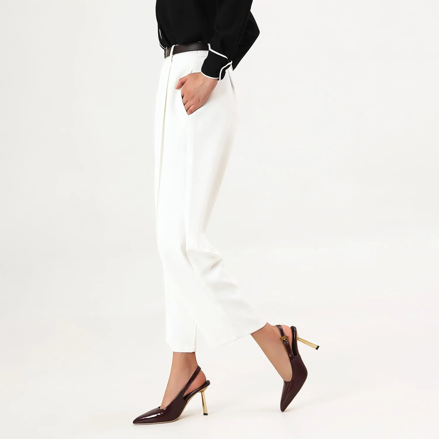 Women's Slingback Stiletto High Heels Square Toe with Metal Buckle Strap Slip On Pumps Backless Patent Leather Fashion Dress Shoes Wedding Party
