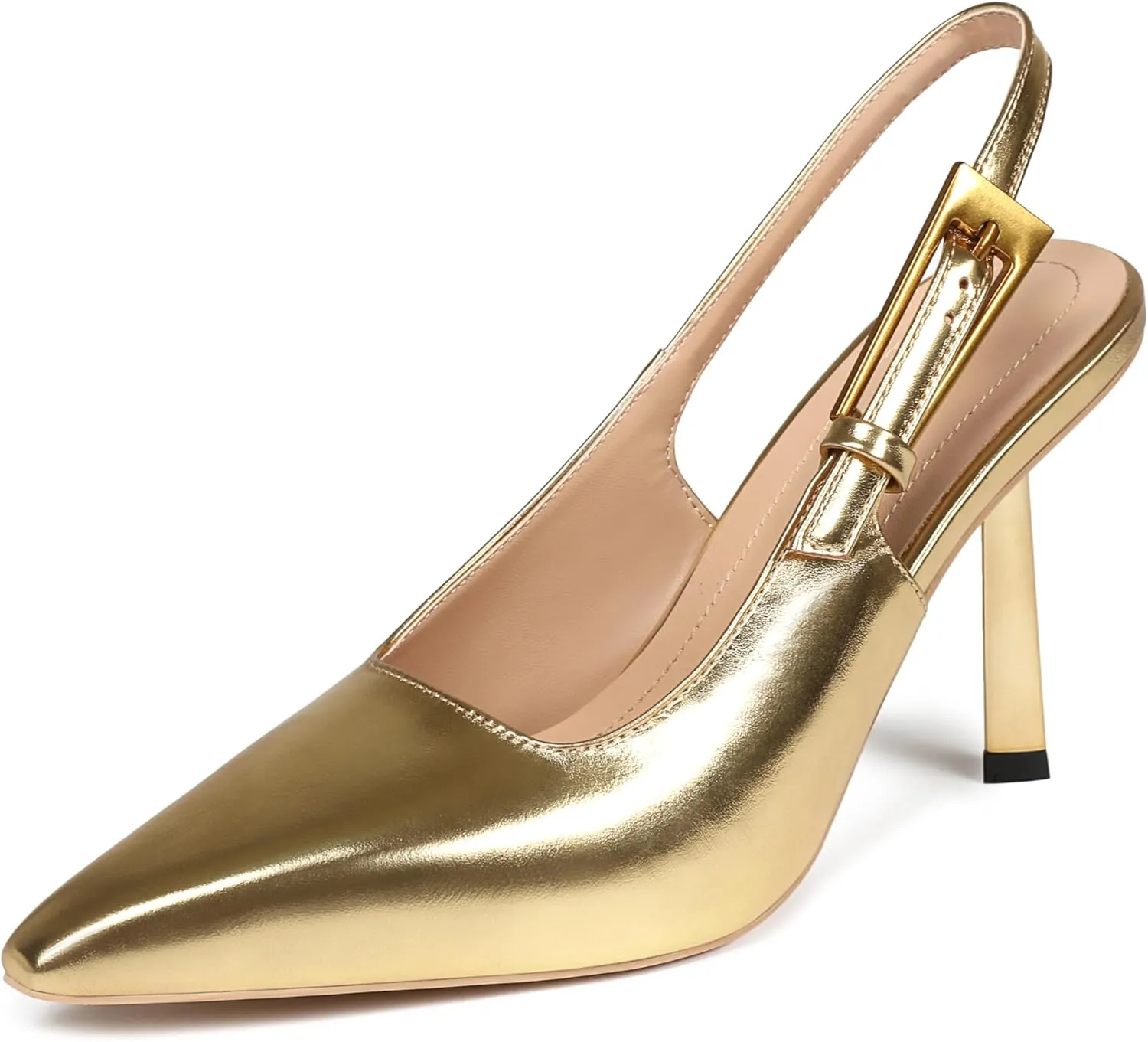 Women's Slingback Stiletto High Heels Square Toe with Metal Buckle Strap Slip On Pumps Backless Patent Leather Fashion Dress Shoes Wedding Party