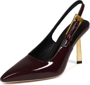 Women's Slingback Stiletto High Heels Square Toe with Metal Buckle Strap Slip On Pumps Backless Patent Leather Fashion Dress Shoes Wedding Party