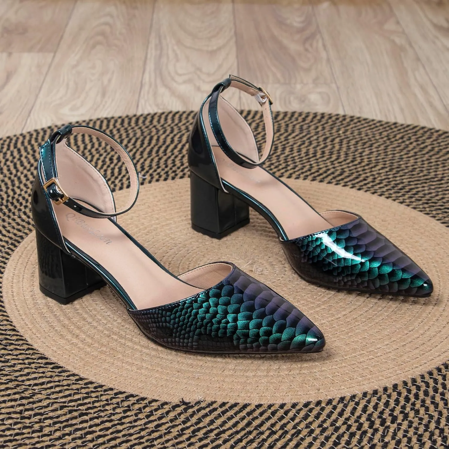 Womens Snakeskin Print Ankle Strap Heels 2.4 Inch Pointed Closed Toe Patent Leather Dressy Pumps Low Chunky Block Comfortable Shoes for Evening Party Wedding