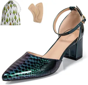 Womens Snakeskin Print Ankle Strap Heels 2.4 Inch Pointed Closed Toe Patent Leather Dressy Pumps Low Chunky Block Comfortable Shoes for Evening Party Wedding