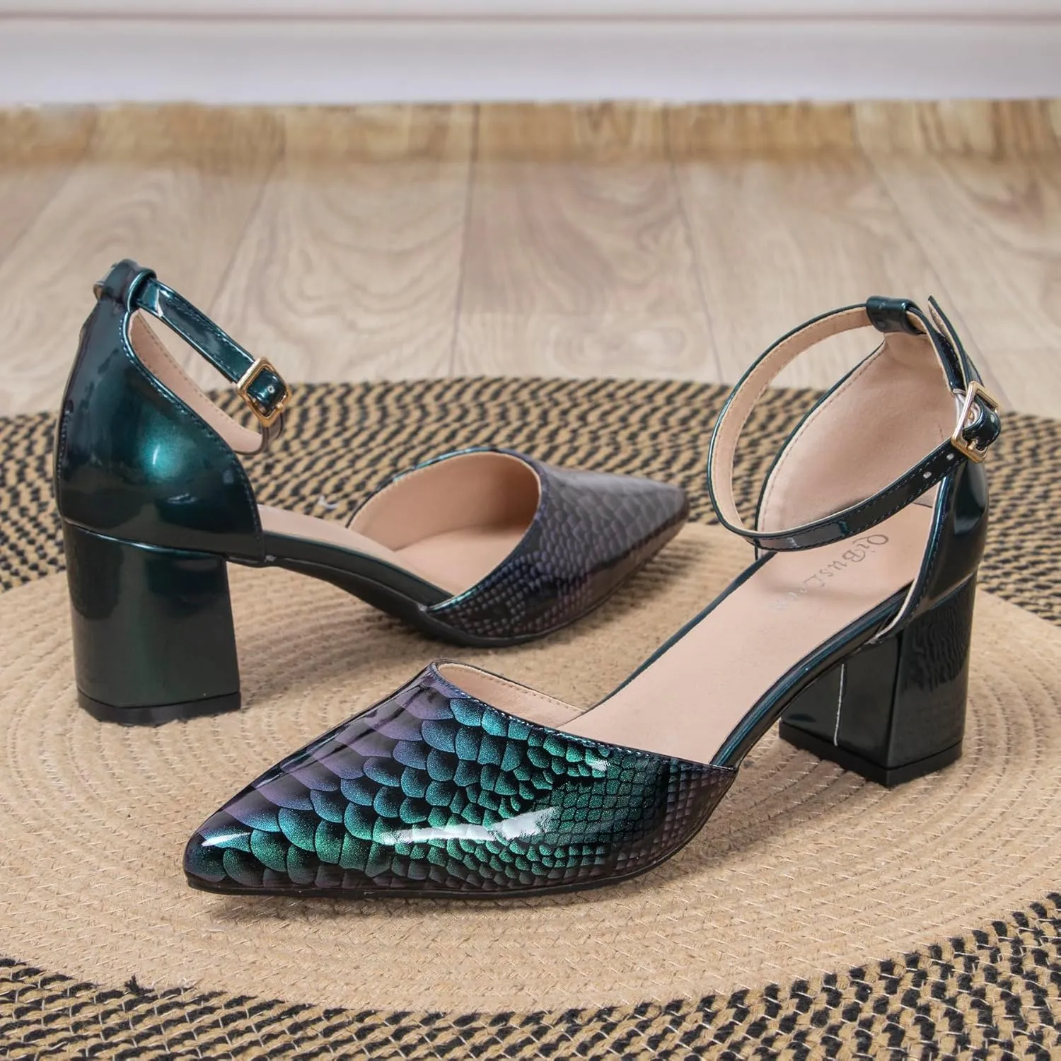 Womens Snakeskin Print Ankle Strap Heels 2.4 Inch Pointed Closed Toe Patent Leather Dressy Pumps Low Chunky Block Comfortable Shoes for Evening Party Wedding