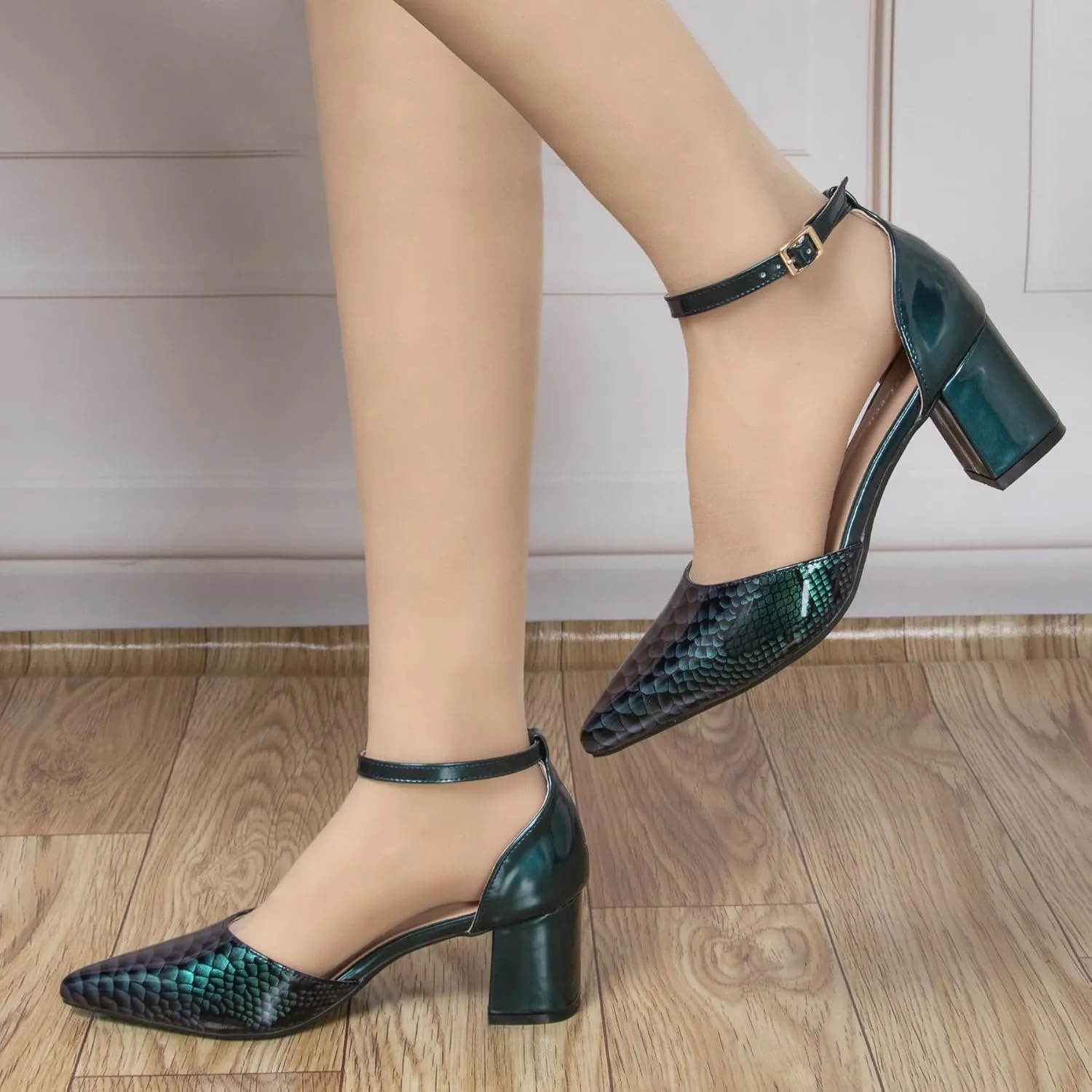 Womens Snakeskin Print Ankle Strap Heels 2.4 Inch Pointed Closed Toe Patent Leather Dressy Pumps Low Chunky Block Comfortable Shoes for Evening Party Wedding