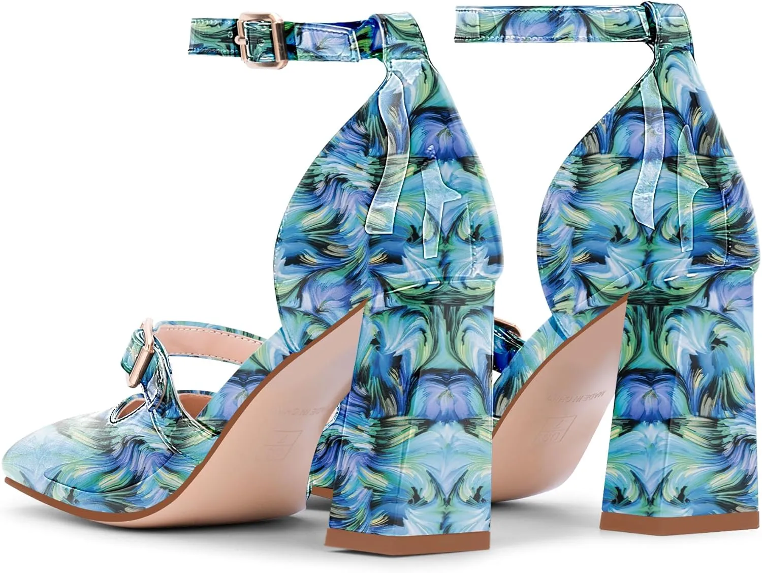 Women's Square Toe Chunky High Heel Mary Jane Pumps Ankle Strap Dress Shoes