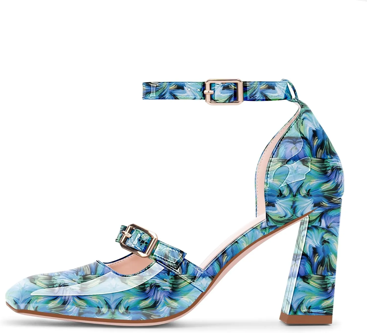 Women's Square Toe Chunky High Heel Mary Jane Pumps Ankle Strap Dress Shoes