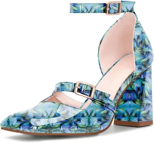 Women's Square Toe Chunky High Heel Mary Jane Pumps Ankle Strap Dress Shoes