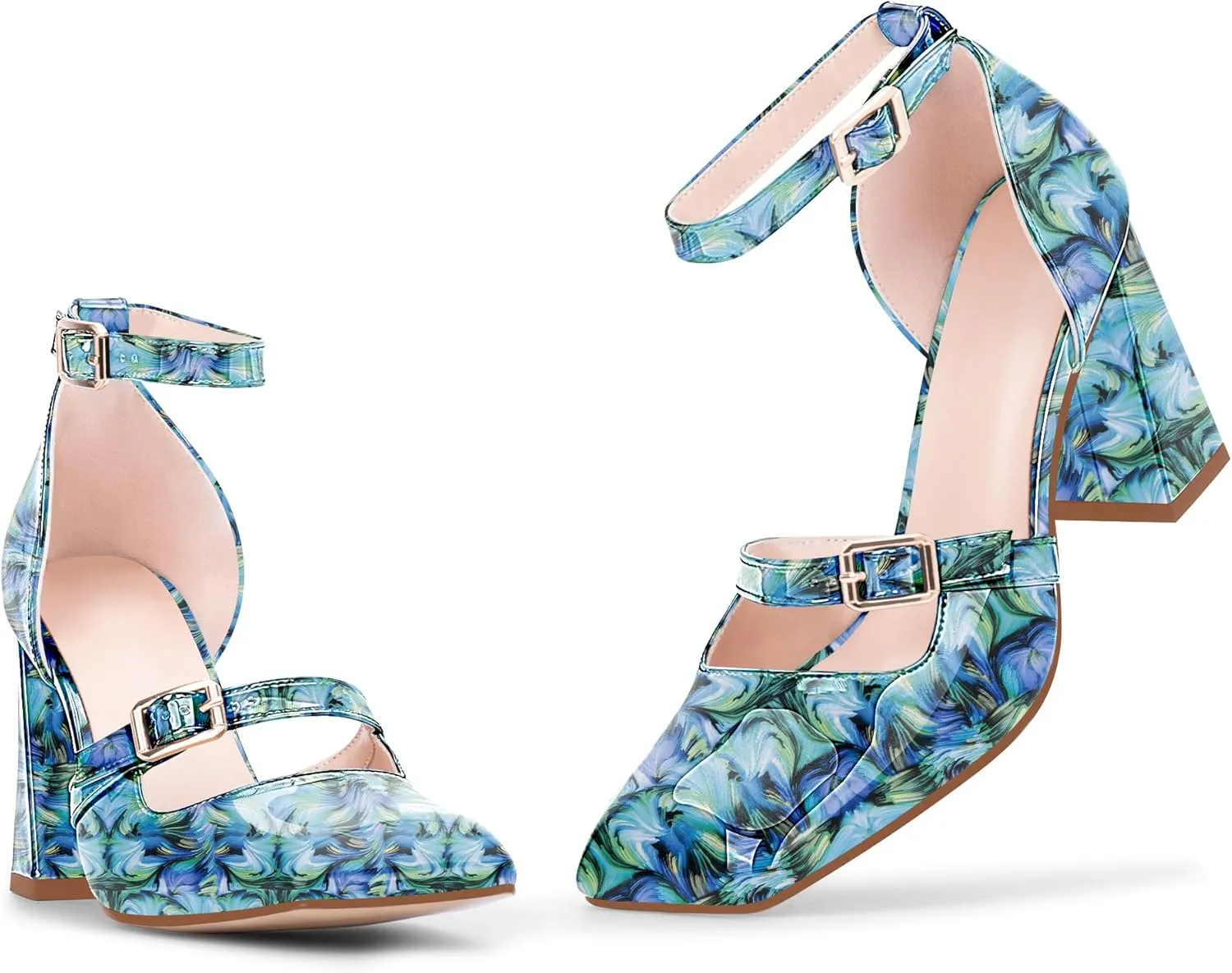 Women's Square Toe Chunky High Heel Mary Jane Pumps Ankle Strap Dress Shoes