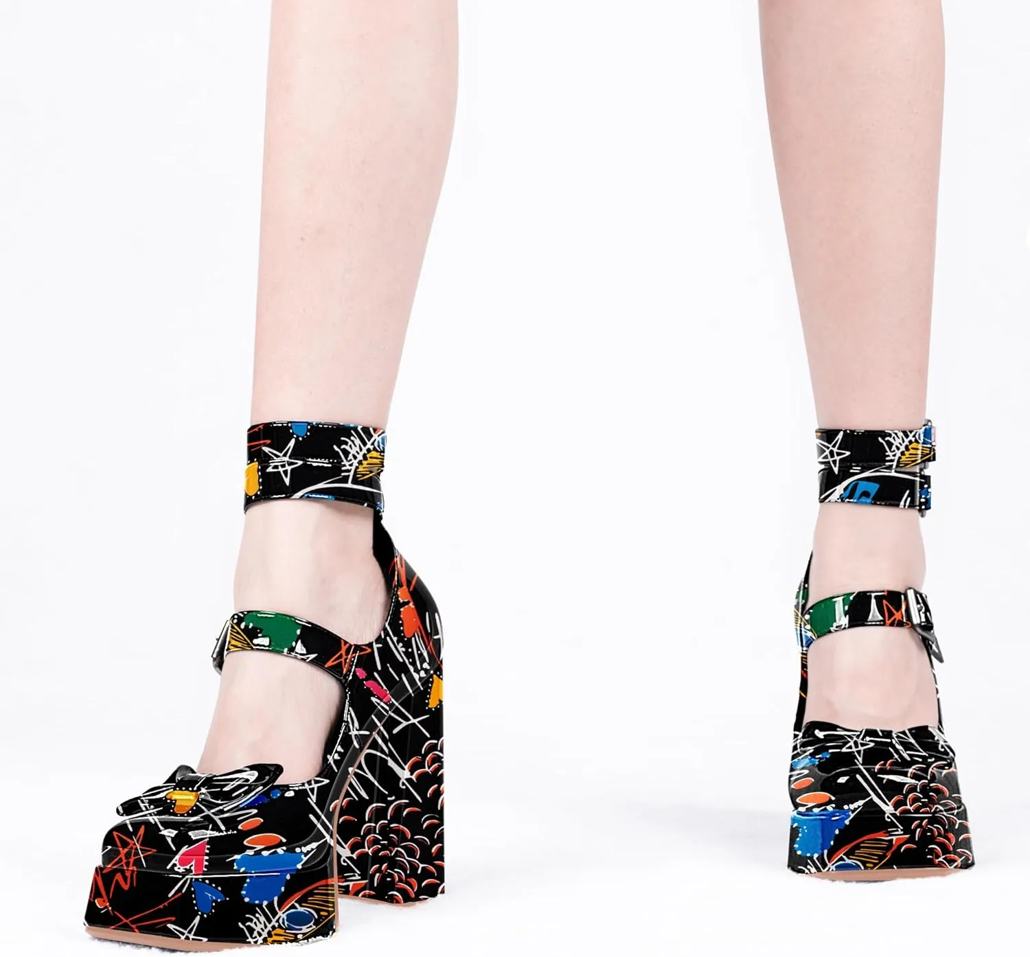 Women's Sweet Bow Platform Mary Jane Pumps Ankle Strap Closed Toe Patent Leather Block High Heels Goth Shoes