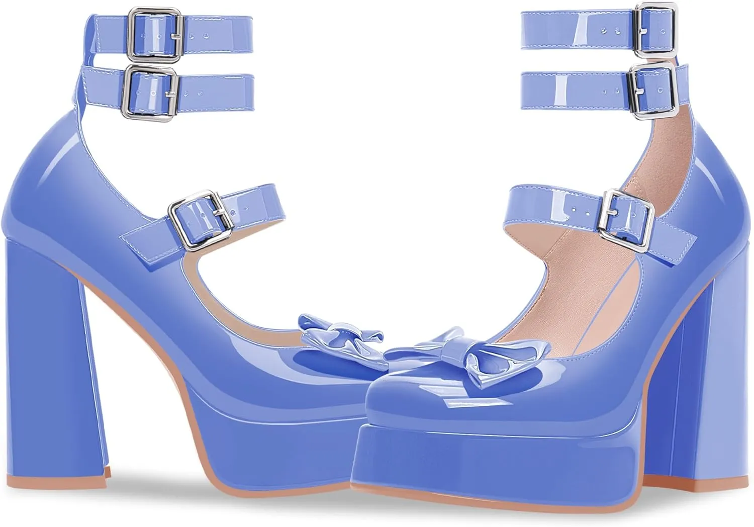 Women's Sweet Bow Platform Mary Jane Pumps Ankle Strap Closed Toe Patent Leather Block High Heels Goth Shoes