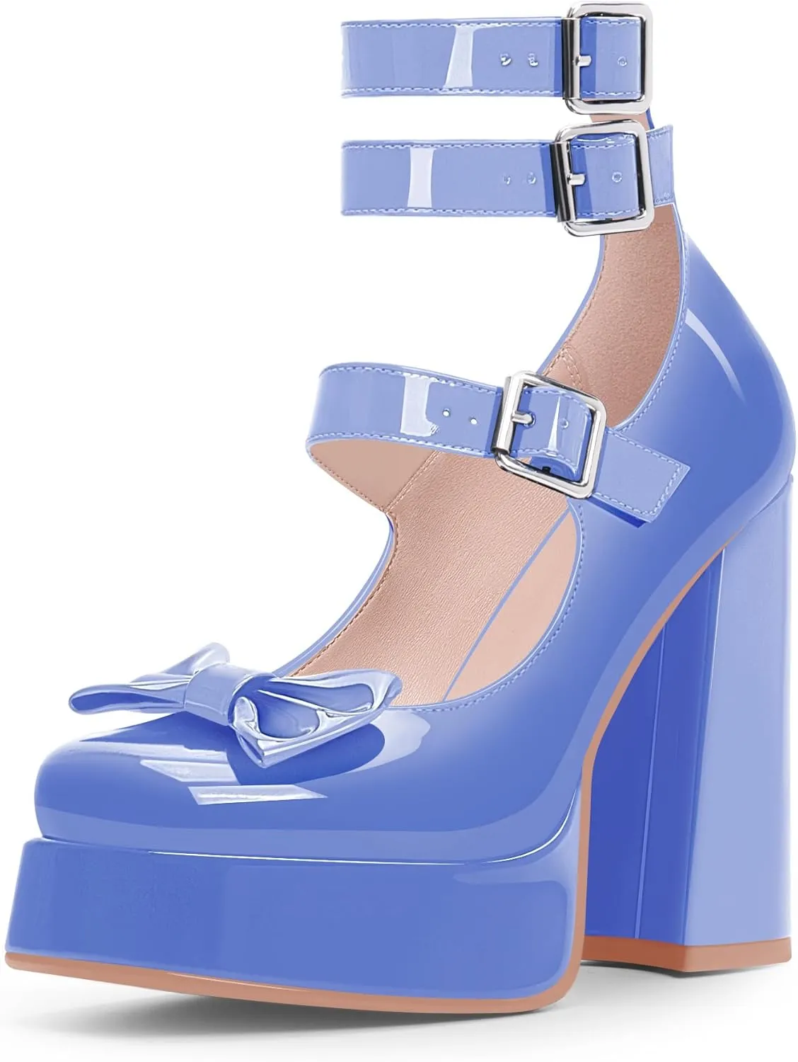 Women's Sweet Bow Platform Mary Jane Pumps Ankle Strap Closed Toe Patent Leather Block High Heels Goth Shoes