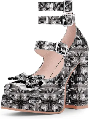 Women's Sweet Bow Platform Mary Jane Pumps Ankle Strap Closed Toe Patent Leather Block High Heels Goth Shoes