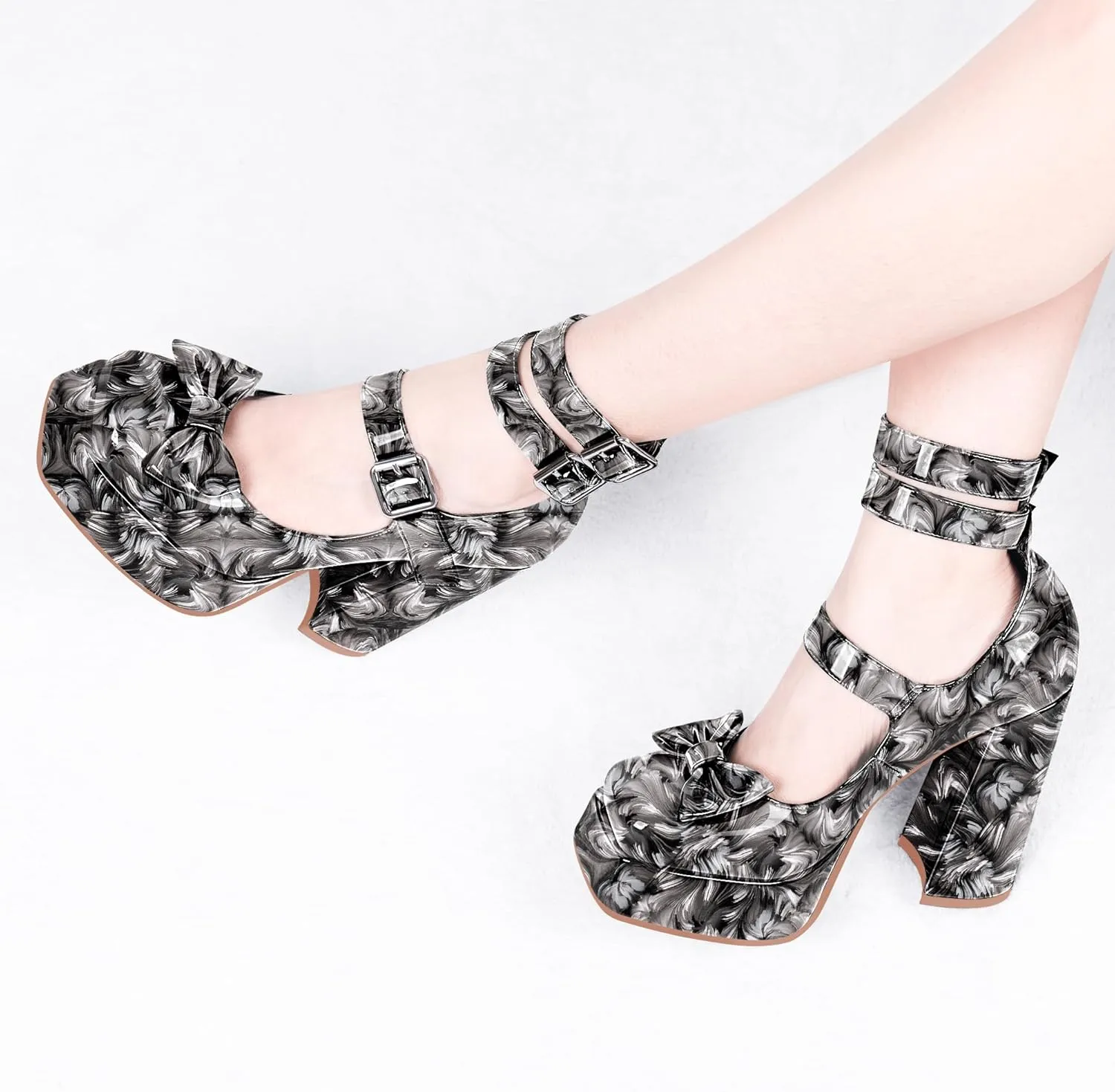 Women's Sweet Bow Platform Mary Jane Pumps Ankle Strap Closed Toe Patent Leather Block High Heels Goth Shoes