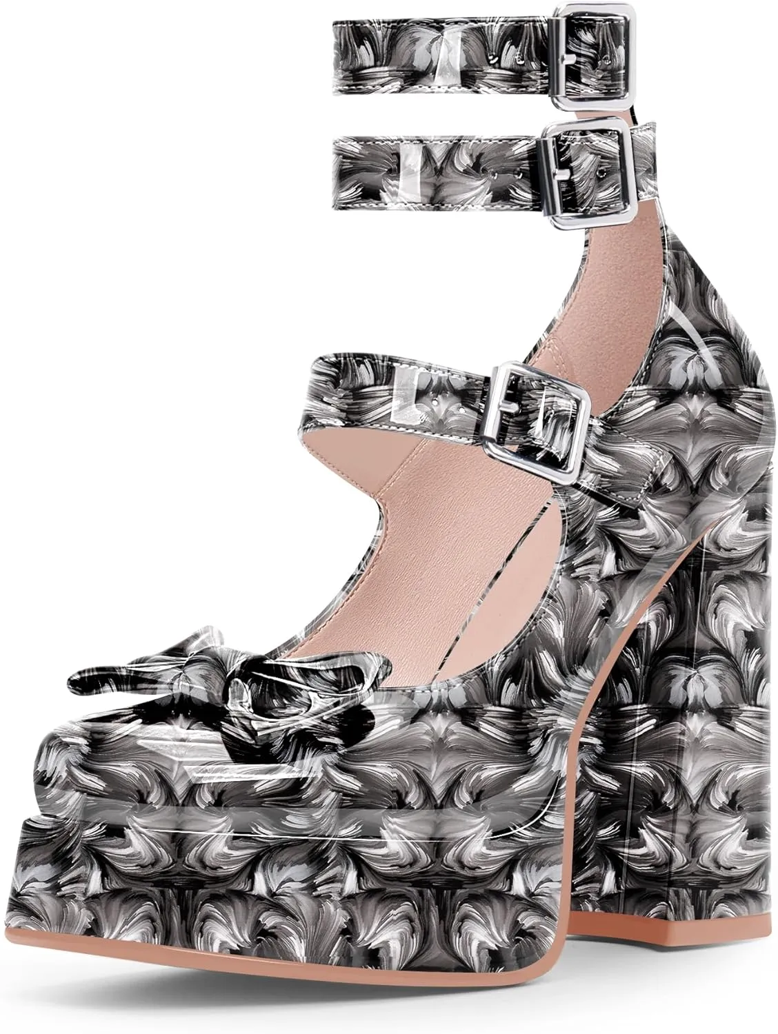 Women's Sweet Bow Platform Mary Jane Pumps Ankle Strap Closed Toe Patent Leather Block High Heels Goth Shoes
