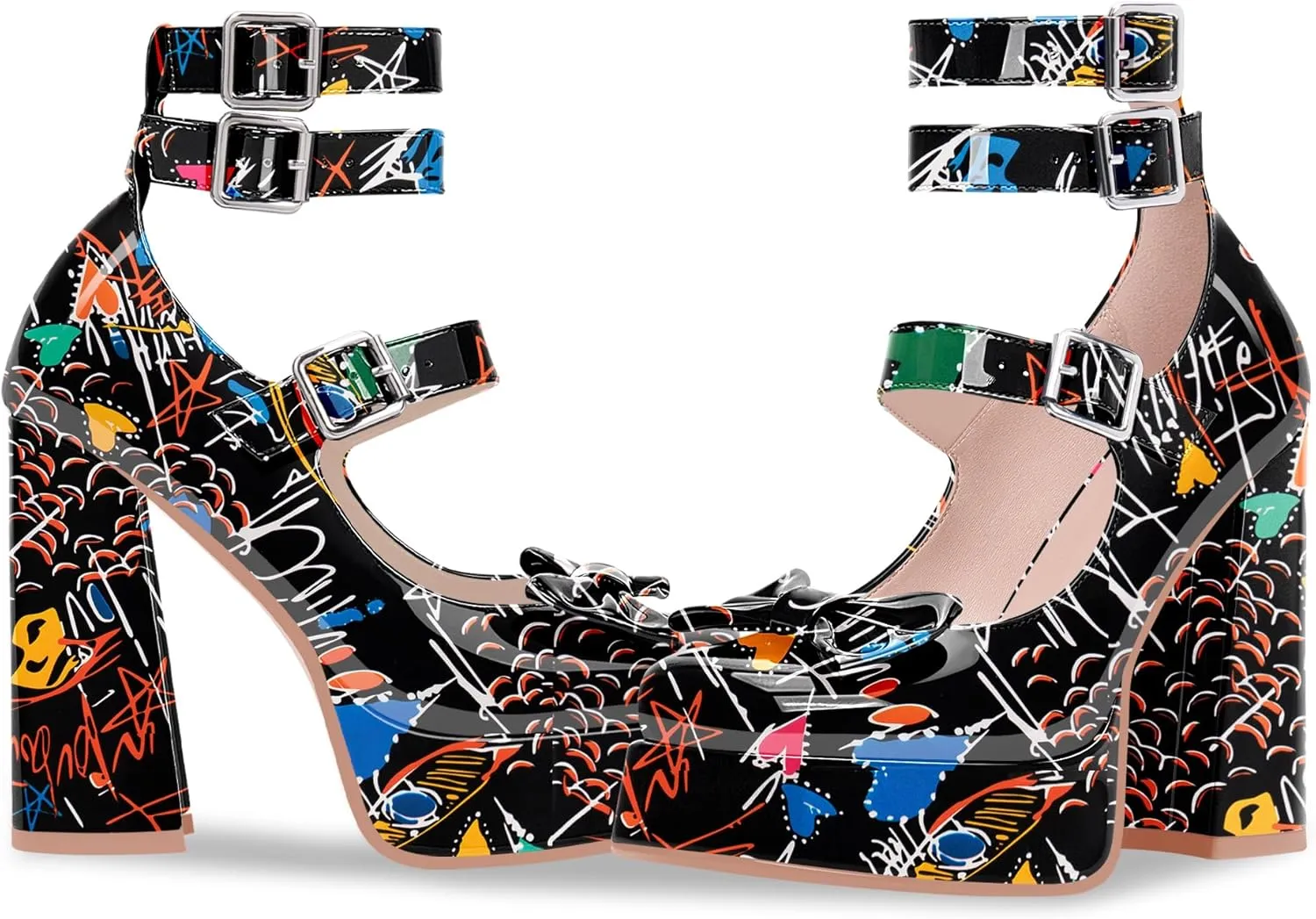 Women's Sweet Bow Platform Mary Jane Pumps Ankle Strap Closed Toe Patent Leather Block High Heels Goth Shoes