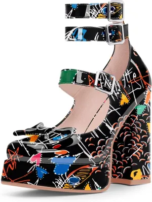 Women's Sweet Bow Platform Mary Jane Pumps Ankle Strap Closed Toe Patent Leather Block High Heels Goth Shoes