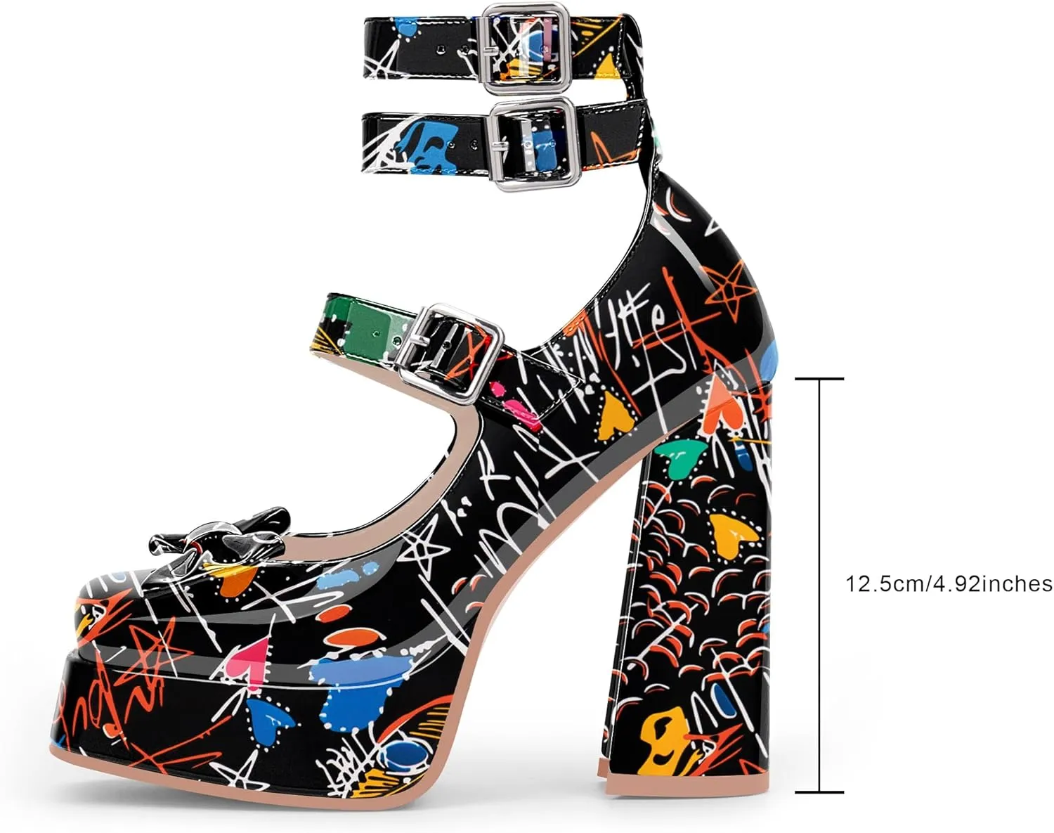 Women's Sweet Bow Platform Mary Jane Pumps Ankle Strap Closed Toe Patent Leather Block High Heels Goth Shoes
