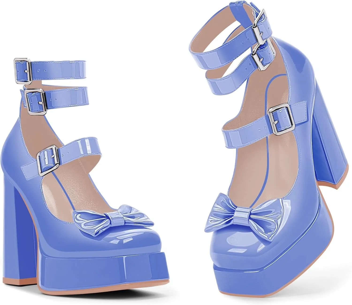 Women's Sweet Bow Platform Mary Jane Pumps Ankle Strap Closed Toe Patent Leather Block High Heels Goth Shoes
