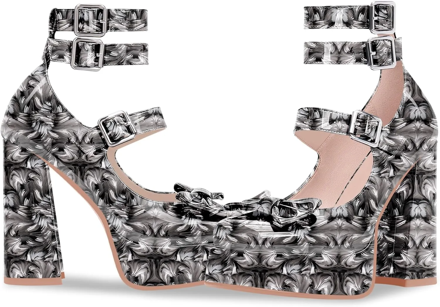 Women's Sweet Bow Platform Mary Jane Pumps Ankle Strap Closed Toe Patent Leather Block High Heels Goth Shoes