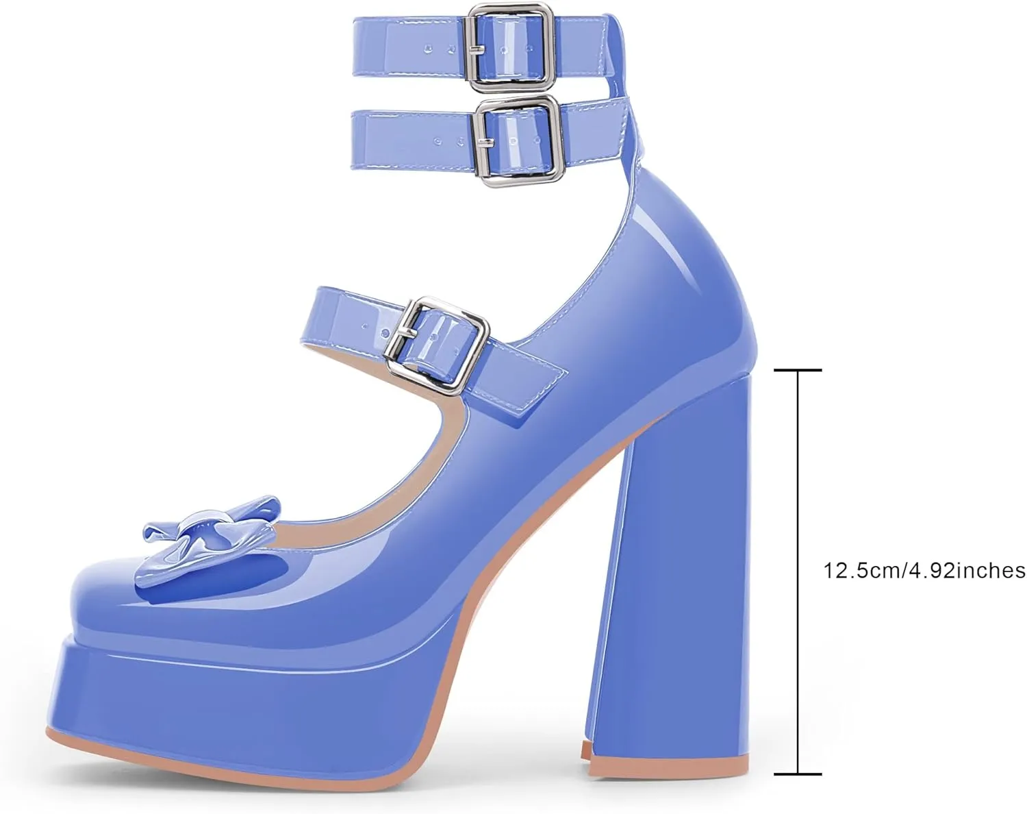 Women's Sweet Bow Platform Mary Jane Pumps Ankle Strap Closed Toe Patent Leather Block High Heels Goth Shoes