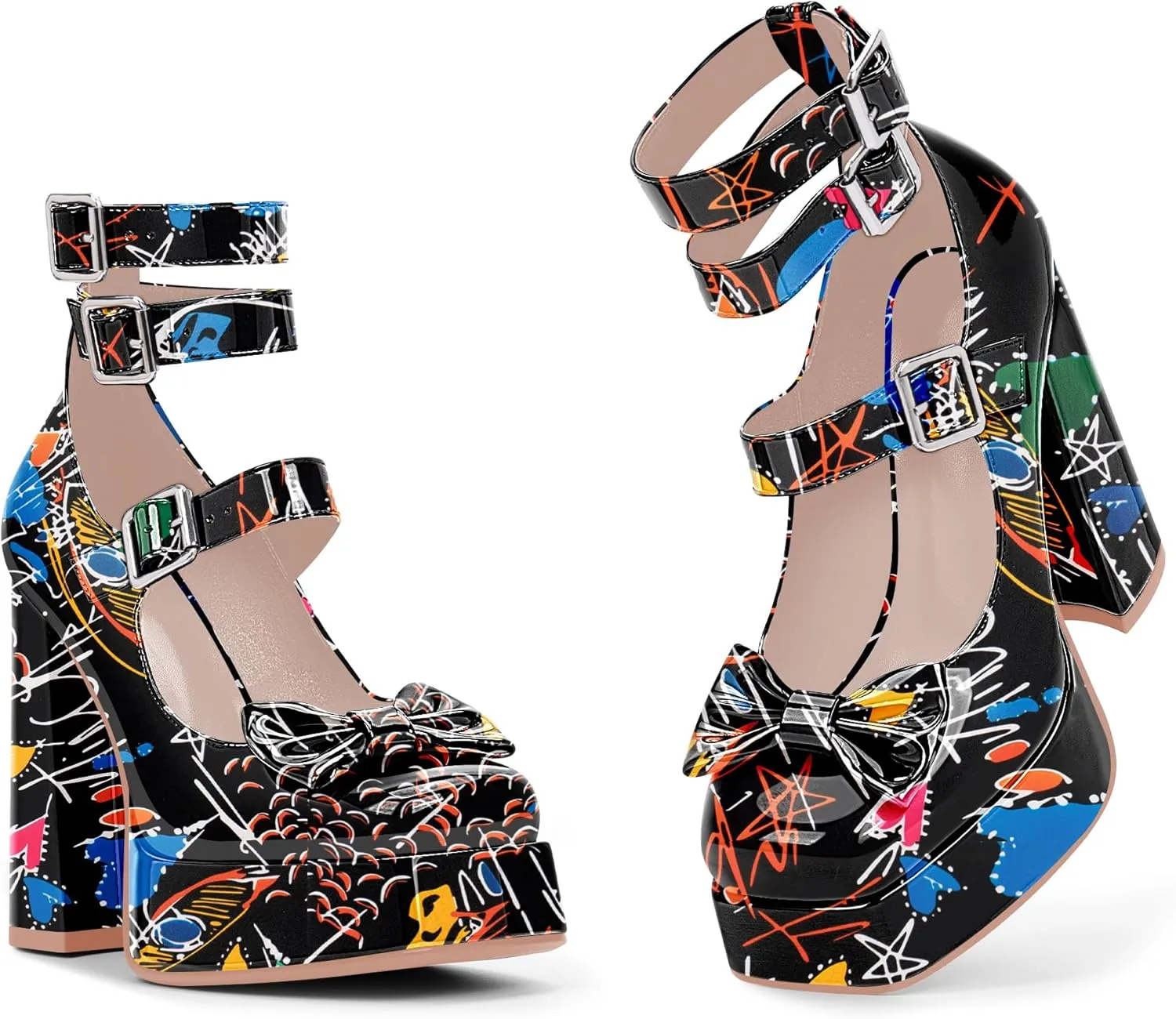Women's Sweet Bow Platform Mary Jane Pumps Ankle Strap Closed Toe Patent Leather Block High Heels Goth Shoes