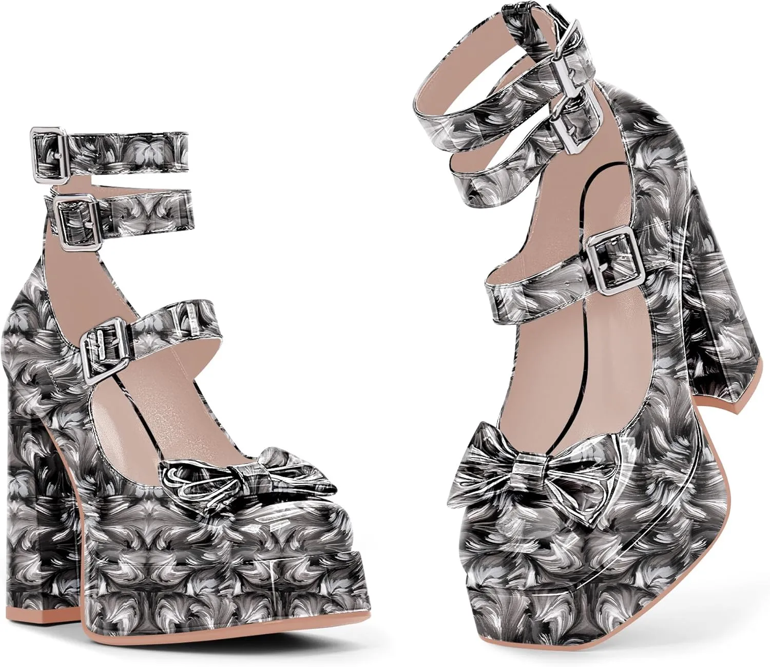 Women's Sweet Bow Platform Mary Jane Pumps Ankle Strap Closed Toe Patent Leather Block High Heels Goth Shoes