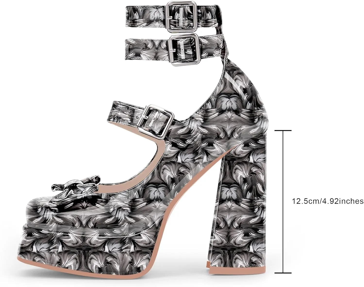Women's Sweet Bow Platform Mary Jane Pumps Ankle Strap Closed Toe Patent Leather Block High Heels Goth Shoes