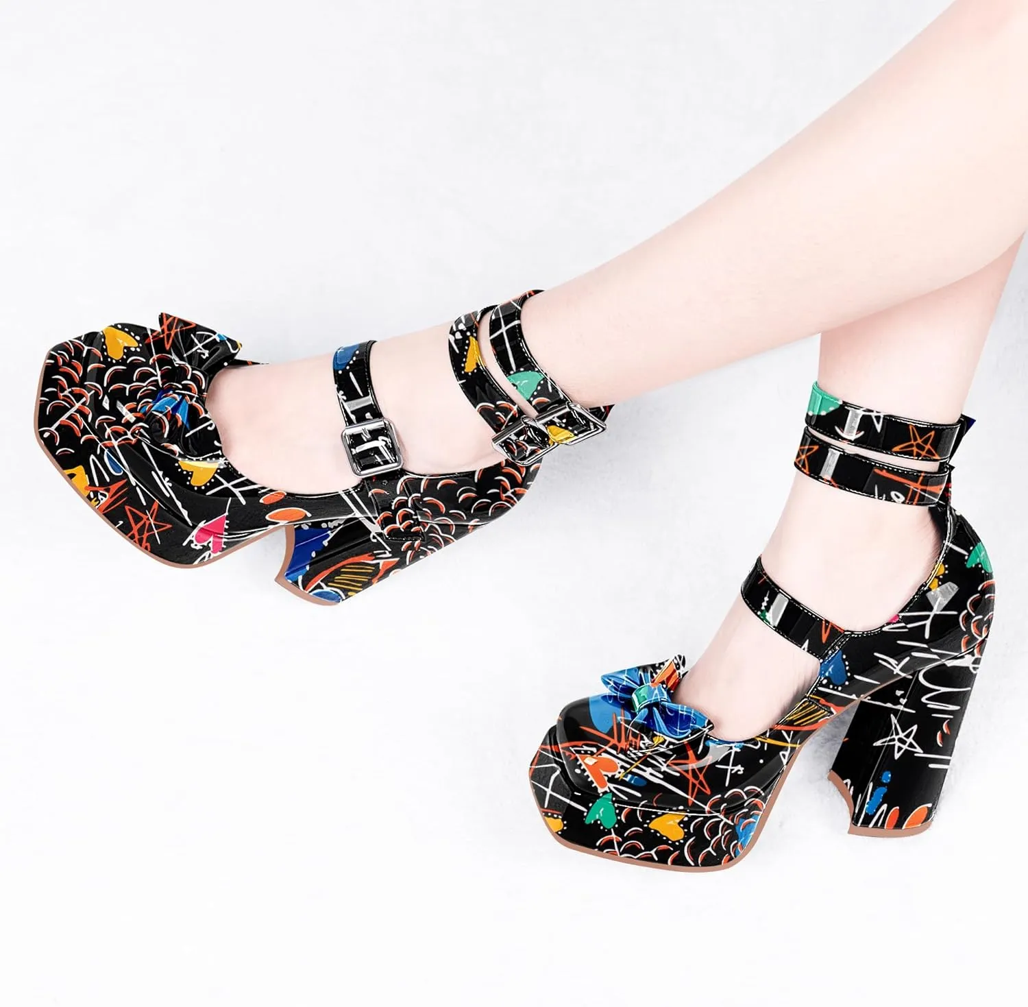 Women's Sweet Bow Platform Mary Jane Pumps Ankle Strap Closed Toe Patent Leather Block High Heels Goth Shoes