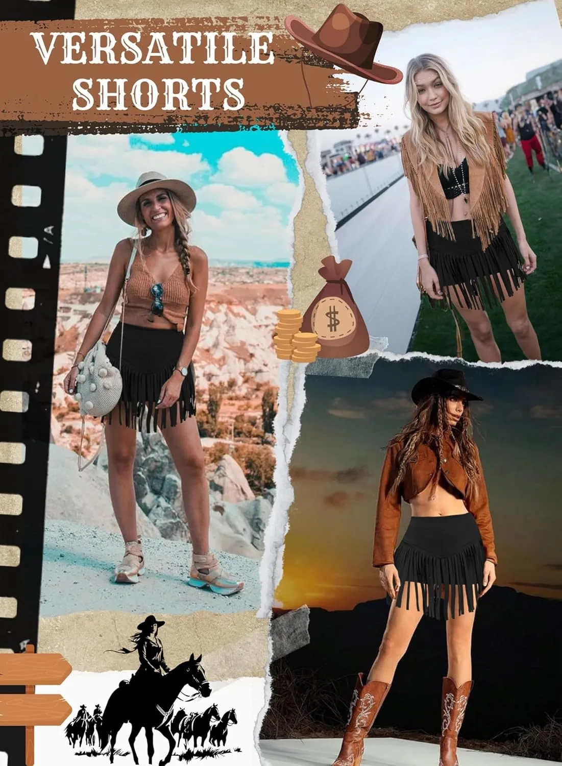 Womens Western Cowgirl Fringe Shorts - Country Concert Outfits Sexy Booty Pole Dance Rave Festival Tassel Bottoms