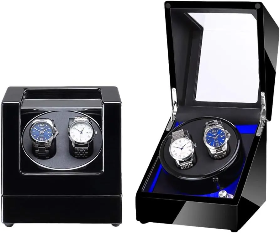 Wooden Automatic Watch Winder with Super Quiet Motor and Blue LED Light Piano Finish Black Leather Lining 4 Rotation Mode Setting (Size : 2 0)