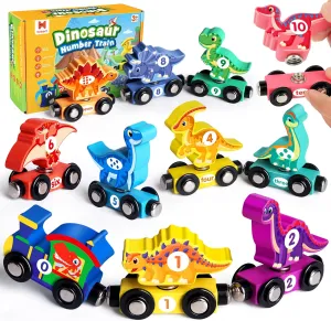 Wooden Dinosaur Train Set, Magnetic Dinosaur Toys and Number Train for Toddlers, Educational Montessori Toy for Counting and Motor Skills, for 3-5 Year Old Boys Girls