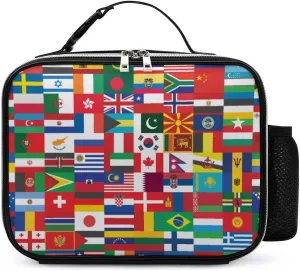 World Flag Lunch Bag Reusable Insulated Handbag Detachable Leather Box Handle Meal Prep Holder for Picnic Office
