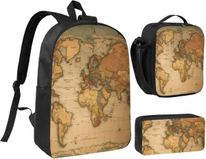 World Map print Backpack Set Casual Shoulder Bag Lunch Bag Pen Pouch 3 in 1 Set 17inch for Women Men College