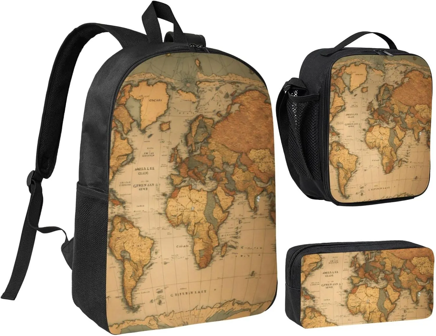 World Map print Backpack Set Casual Shoulder Bag Lunch Bag Pen Pouch 3 in 1 Set 17inch for Women Men College