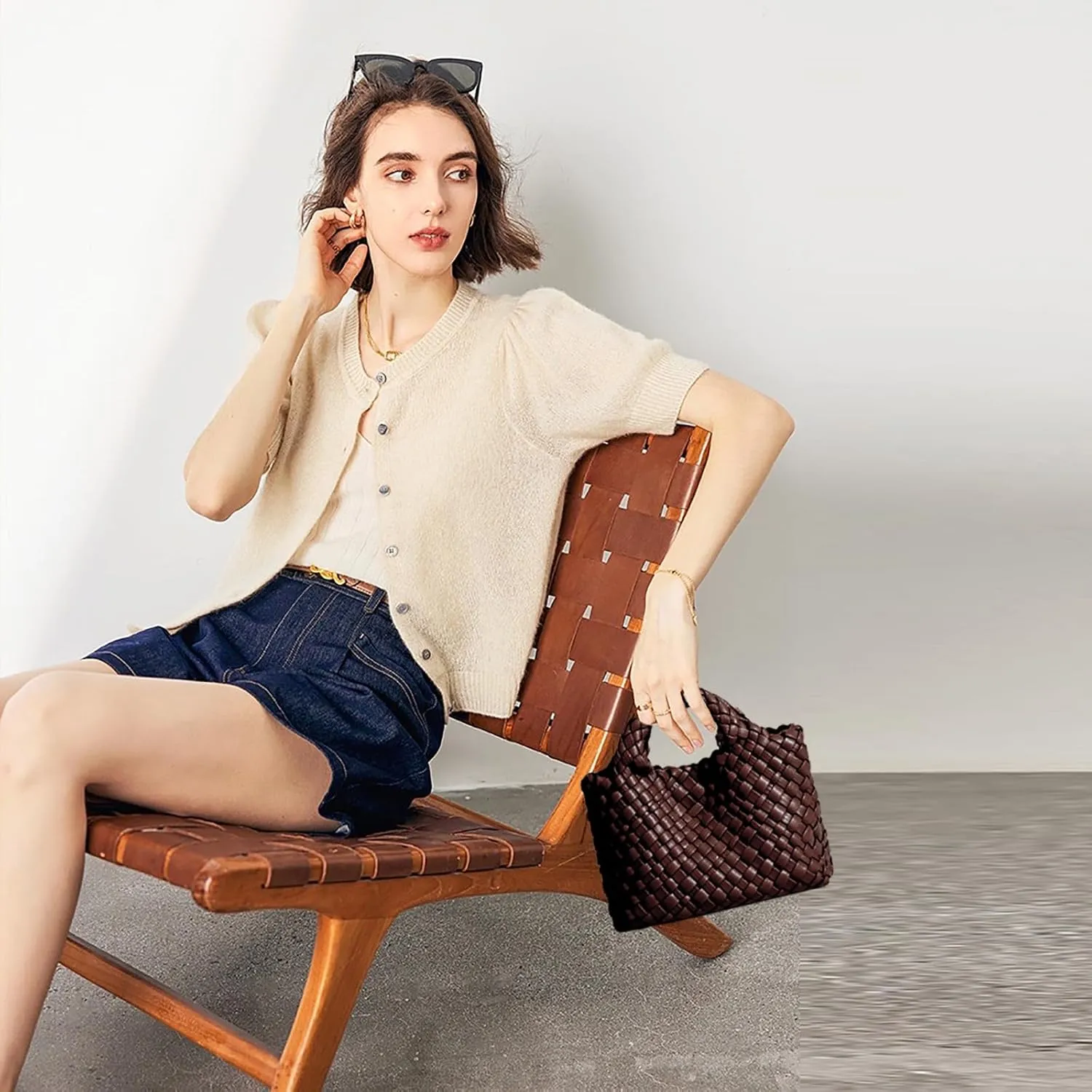 Woven Tote Bag for Women with Coin Purse, Foldable Chain Small Crossbody Handbags, Fashion Shoulder Bag, Hobo Satchel