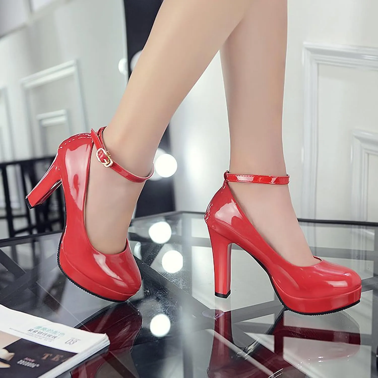 WUIWUIYU Women's Cosplay Platform Ankle Strap Mary Jane Shoes Pump Stiletto High Heeled Pumps