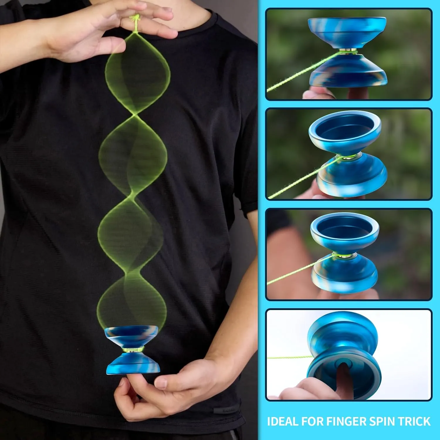 X0312 Responsive Yoyo Professional Yoyo for Adults Kids 8-12, Unresponsive Yoyos for Fingerspin Yoyos Tricks with Yo Yo Bearing Kit, 10 Yo-Yo Strings, Case & Glove (Black Blue Silver)