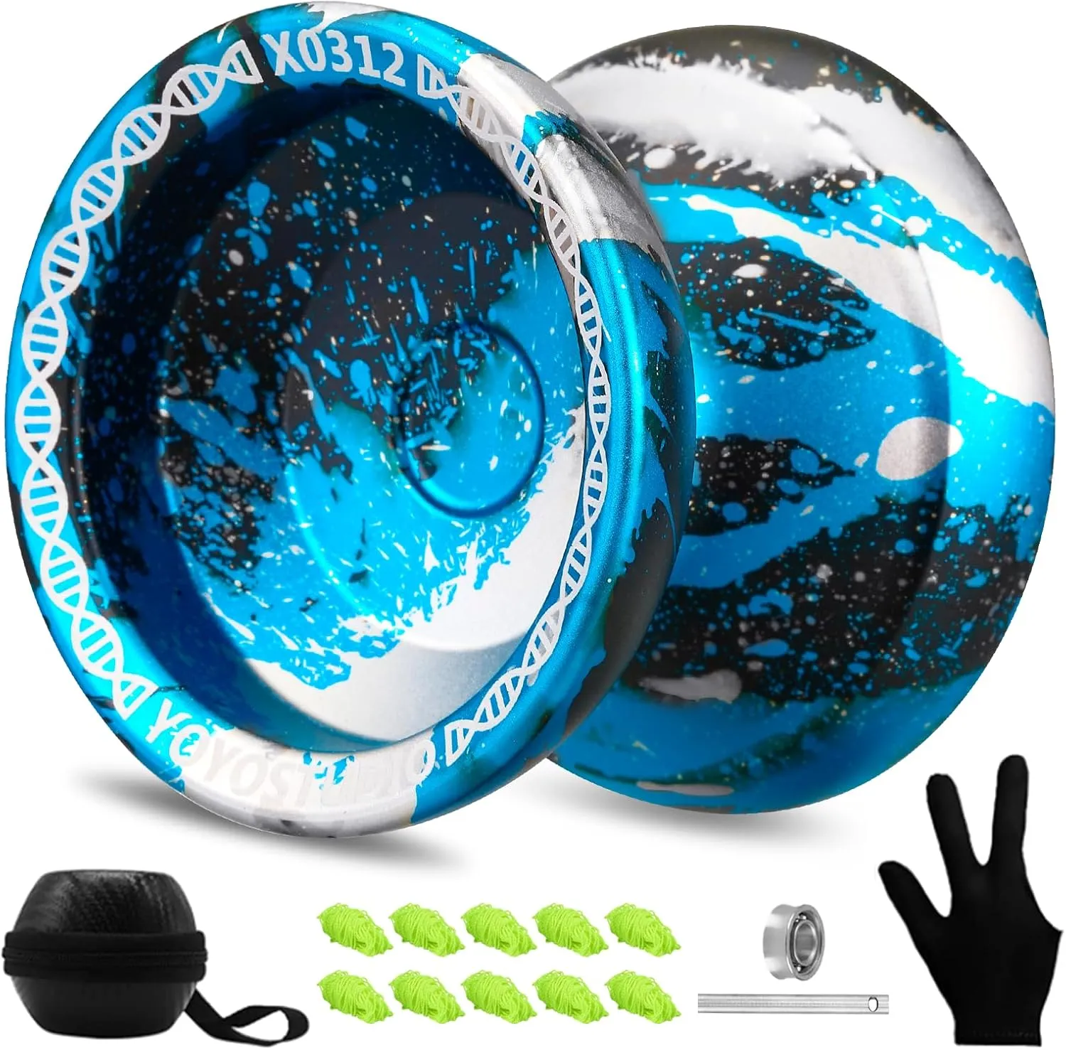 X0312 Responsive Yoyo Professional Yoyo for Adults Kids 8-12, Unresponsive Yoyos for Fingerspin Yoyos Tricks with Yo Yo Bearing Kit, 10 Yo-Yo Strings, Case & Glove (Black Blue Silver)