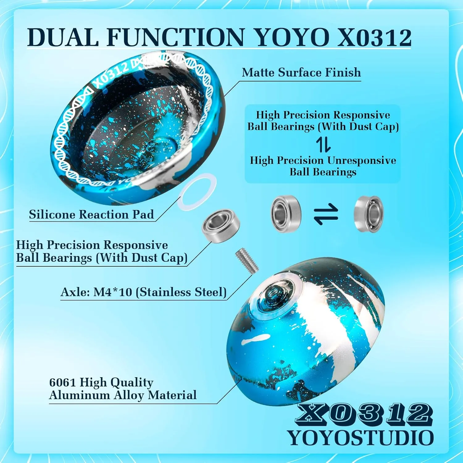 X0312 Responsive Yoyo Professional Yoyo for Adults Kids 8-12, Unresponsive Yoyos for Fingerspin Yoyos Tricks with Yo Yo Bearing Kit, 10 Yo-Yo Strings, Case & Glove (Black Blue Silver)