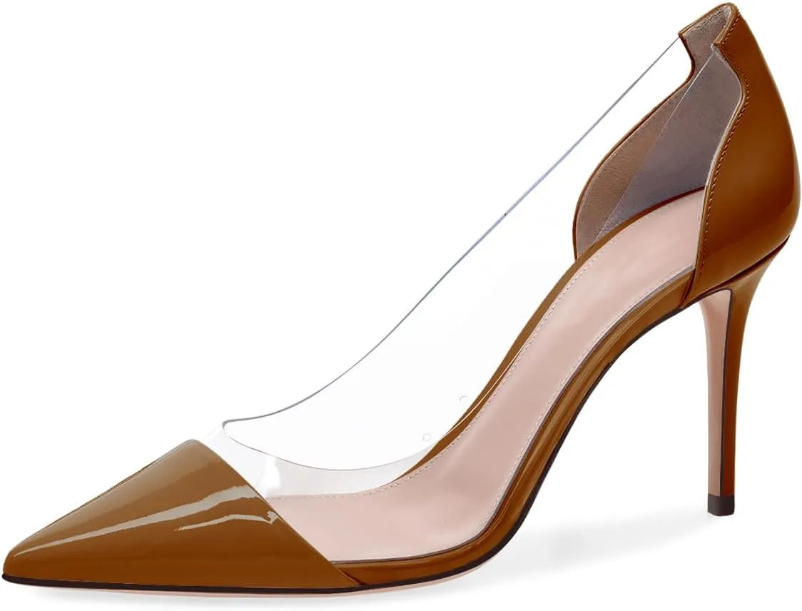 XINIUNIU Clear Heels for Women Transparent Pointed Toe Stiletto Pumps Slip On Closed Toe 4 Inch Bridal Evening Wedding Party Sexy Dress Shoes