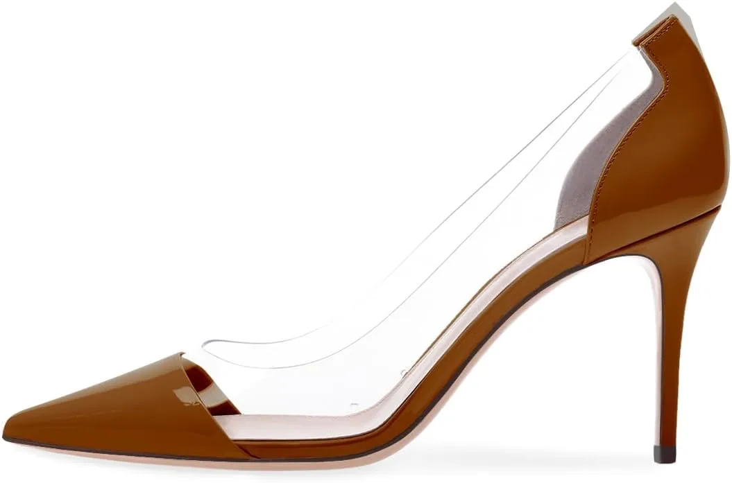 XINIUNIU Clear Heels for Women Transparent Pointed Toe Stiletto Pumps Slip On Closed Toe 4 Inch Bridal Evening Wedding Party Sexy Dress Shoes