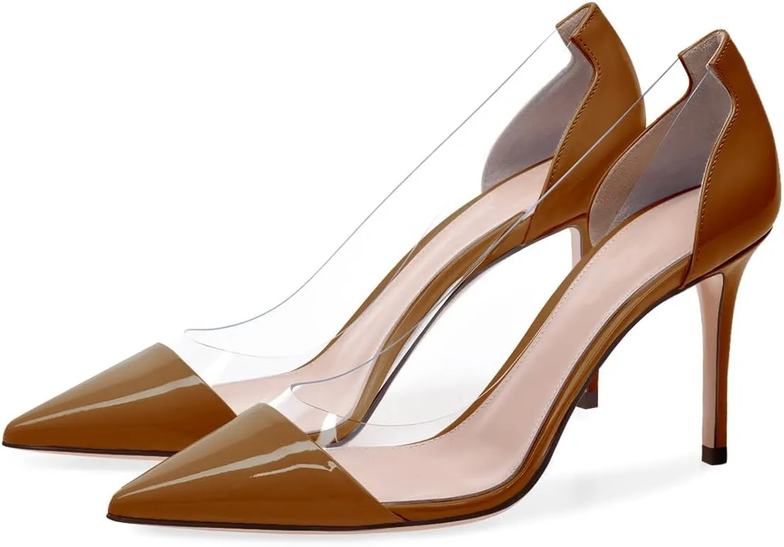 XINIUNIU Clear Heels for Women Transparent Pointed Toe Stiletto Pumps Slip On Closed Toe 4 Inch Bridal Evening Wedding Party Sexy Dress Shoes