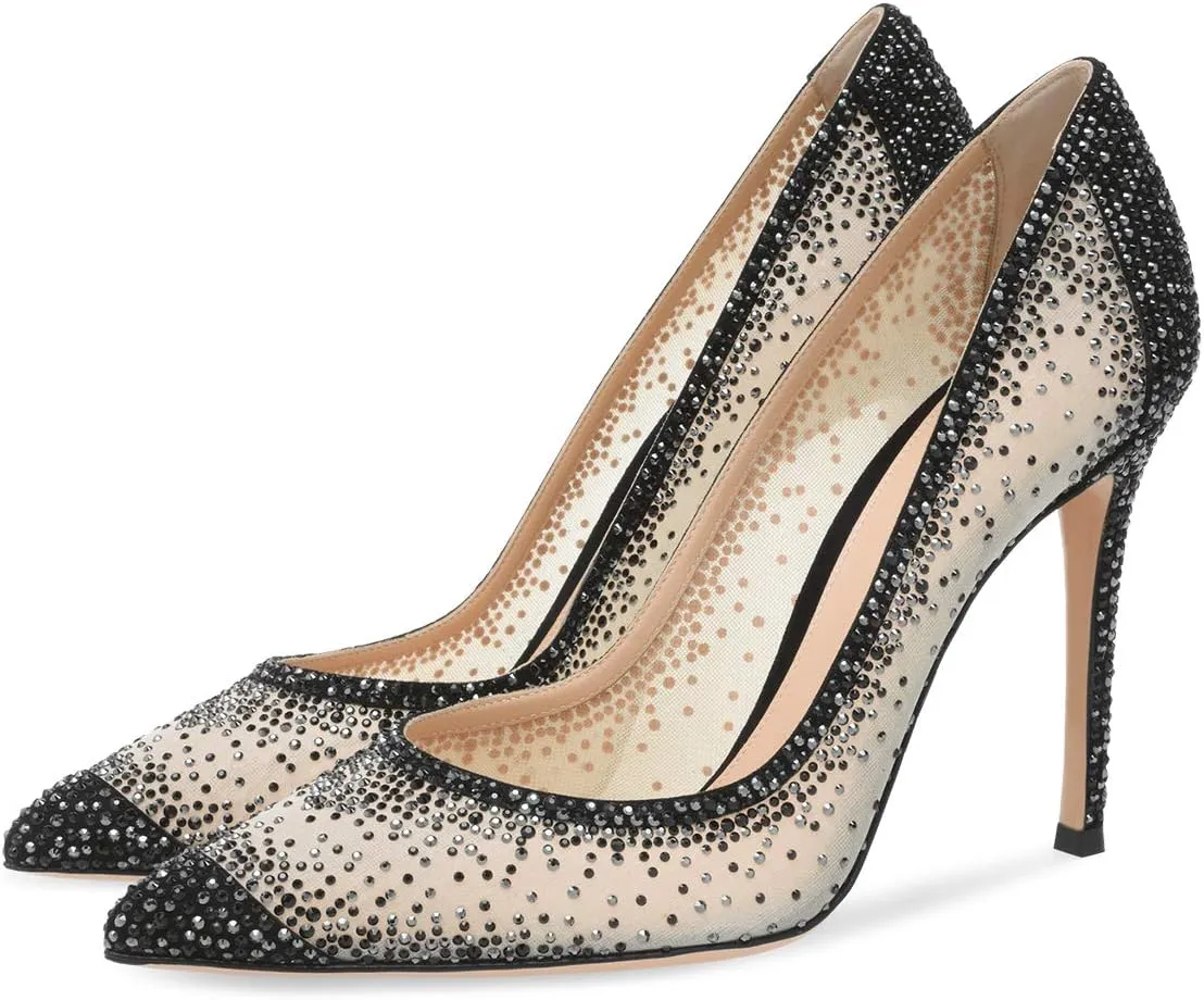 XYD Rhinestones Studded Stiletto High Heels Mesh Pumps for Women Slip On Pointed Toe Evening Wedding Dress Shoes